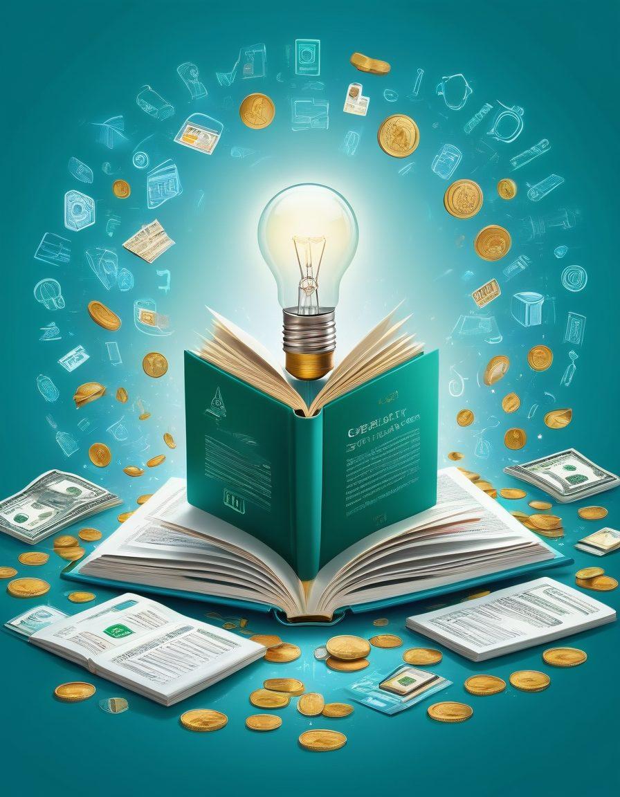 An open book surrounded by various financial symbols like coins, dollar signs, and credit cards, with a light bulb glowing above signifying knowledge. Include a diverse group of people discussing financial tips at a credit union. Soft blue and green color palette to evoke trust and growth. vector art. vibrant colors. white background.