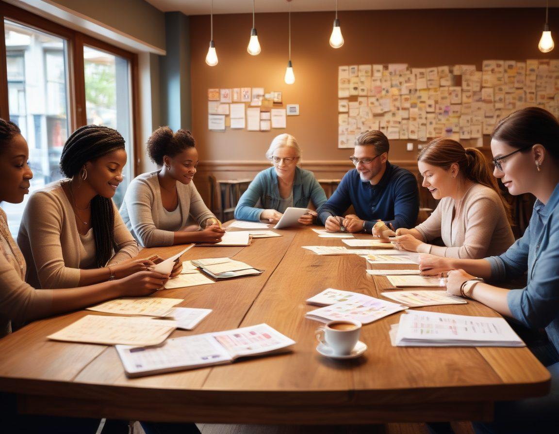 A serene scene depicting a diverse group of credit union members engaging in a community workshop on financial wellness, surrounded by financial icons like coins, calculators, and growth charts. Soft, warm lighting emphasizes an inviting atmosphere, while notes and laptops are scattered on a wooden table. In the background, a cozy coffee shop vibe enhances the theme of collaboration and support. super-realistic. vibrant colors. soft focus.
