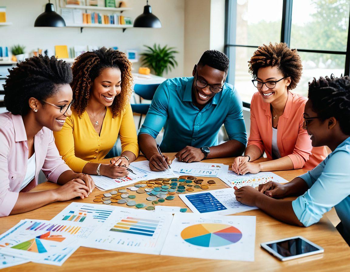 A serene scene depicting a diverse group of people joyfully engaging in financial planning at a modern credit union, showcasing vibrant charts and calculators. Illustrate a collaborative atmosphere with visuals of coins and savings jars, rays of light symbolizing empowerment and wellness. Emphasize accessibility and community in the design, with gentle pastel colors. super-realistic. vibrant colors. white background.